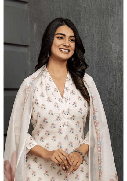 Linen Blossom Kurti Pant Dupatta Set | Natural Fab | Premium Linen Ethnic Wear for Women