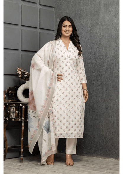 Linen Blossom Kurti Pant Dupatta Set | Natural Fab | Premium Linen Ethnic Wear for Women