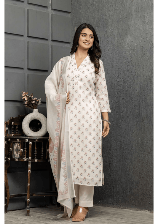 Linen Blossom Kurti Pant Dupatta Set | Natural Fab | Premium Linen Ethnic Wear for Women