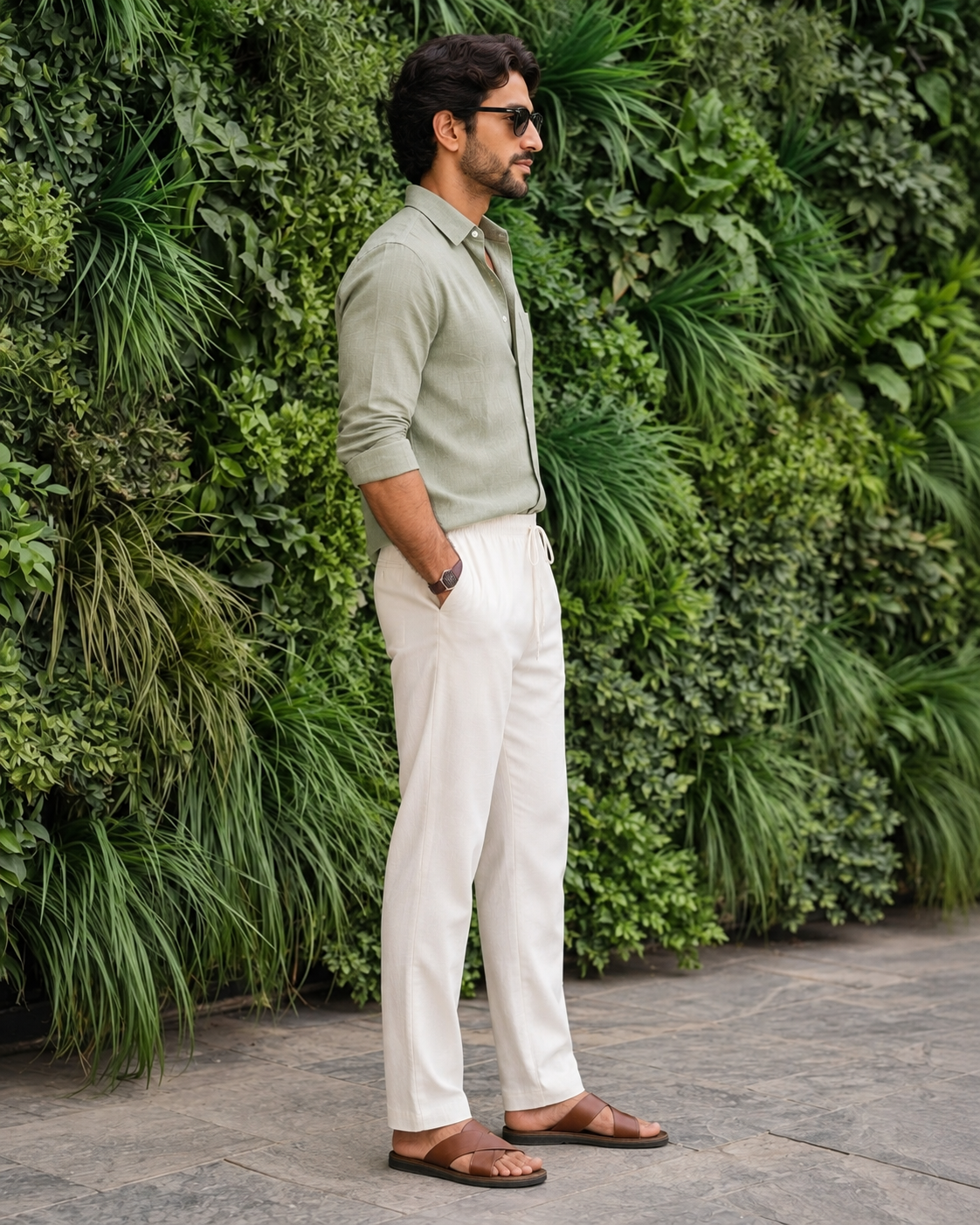 Men’s Cotton Linen Blend White Pants | Relaxed Fit Drawstring Casual Trousers with Pockets