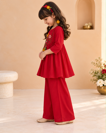 Girls Red Floral Embroidered Flared Kurti Palazzo Set with Tassel Detail | Festive Ethnic Wear