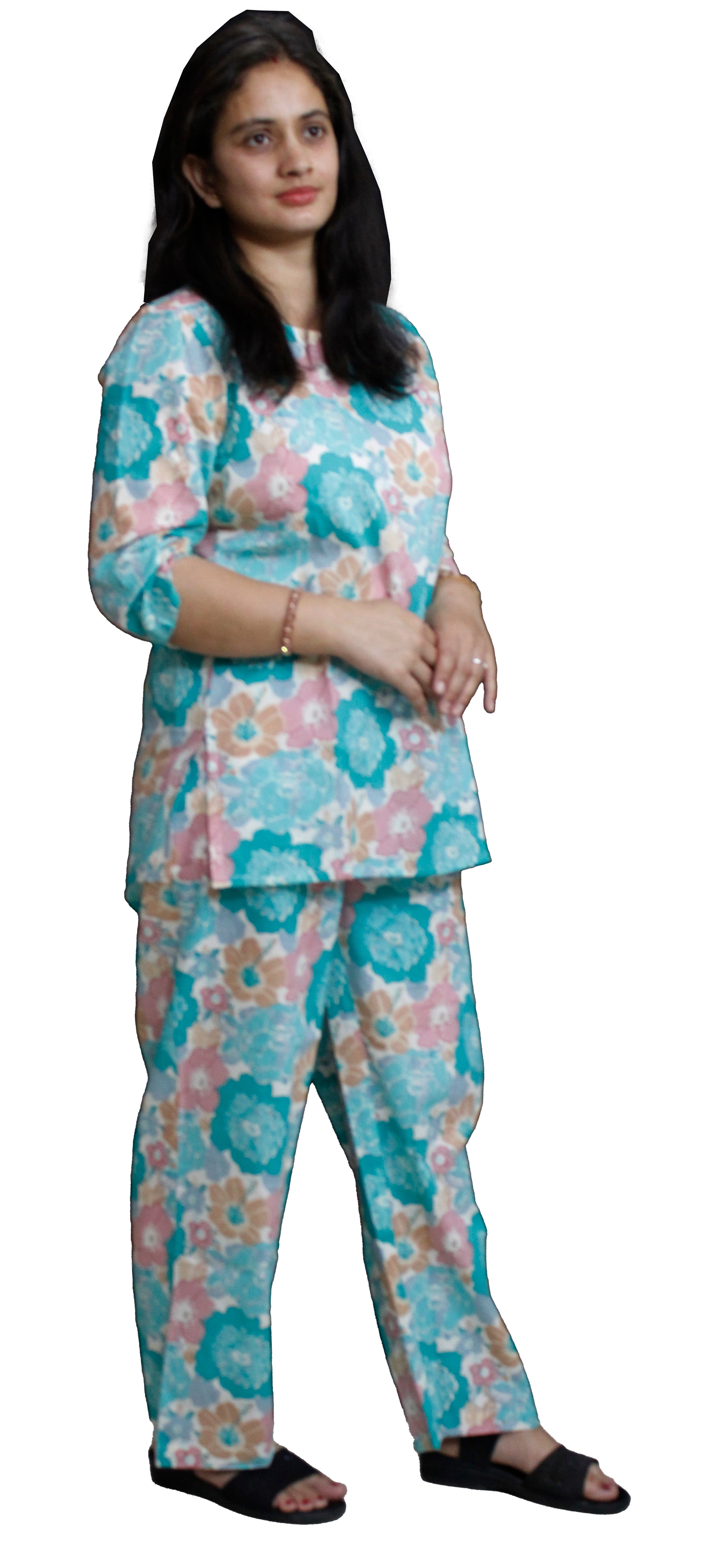 Aqua Floral Night Suit: Refreshing Elegance and Comfort