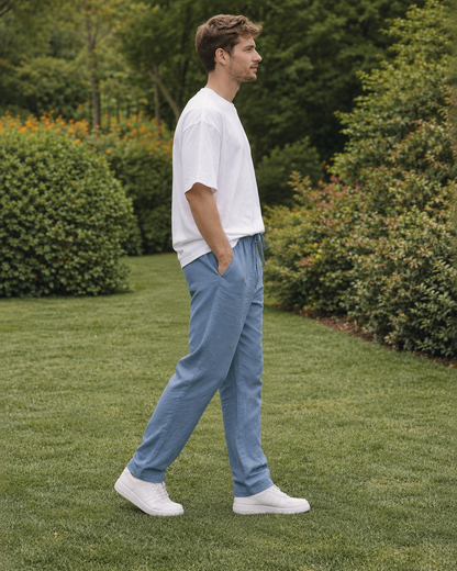 Men’s Cotton Linen Blend Light Blue Pants | Relaxed Fit Drawstring Casual Trousers with Pockets