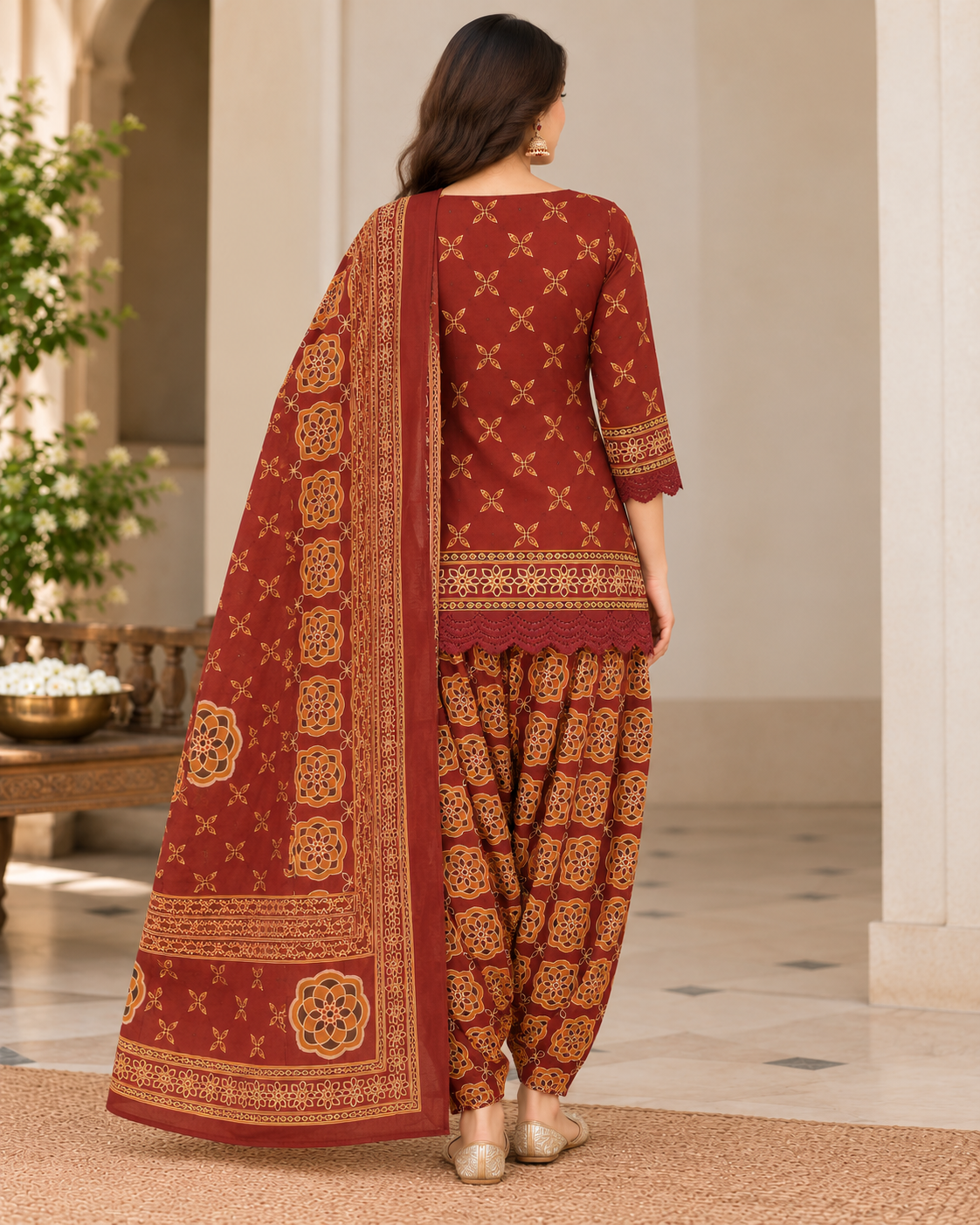 Women's Maroon Ethnic Printed Short Kurti with Farshi Salwar & Dupatta 3-Piece Set