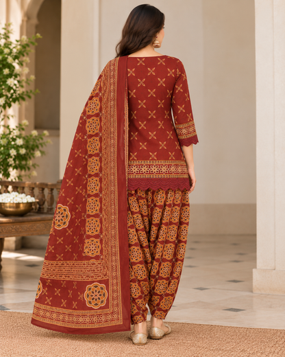 Women's Maroon Ethnic Printed Short Kurti with Farshi Salwar & Dupatta 3-Piece Set