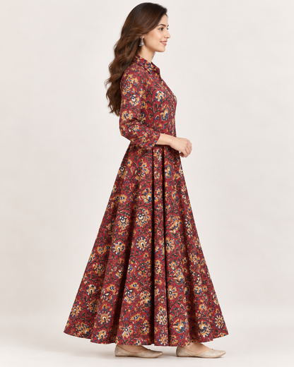 Natural Fab Women's Maroon Floral Printed Cotton Flared Maxi Dress with Collar & Side Pockets