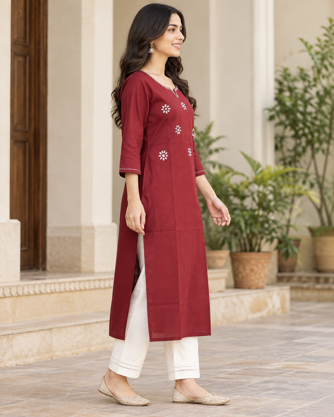 Natural Fab Women's Maroon Floral Embroidered Straight Kurti with Notch Neck & 3/4 Sleeves