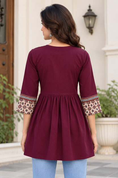 Natural Fab Women's Wine Maroon & Beige Ajrakh Inspired Printed Flared Peplum Top with V-Neck