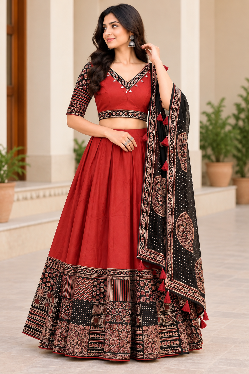 Women's Maroon Printed Cotton Lehenga Choli Set with Black Dupatta & Ethnic Border