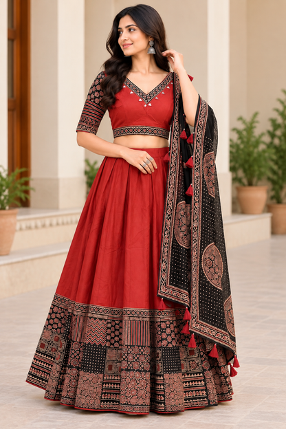 Women's Maroon Printed Cotton Lehenga Choli Set with Black Dupatta & Ethnic Border