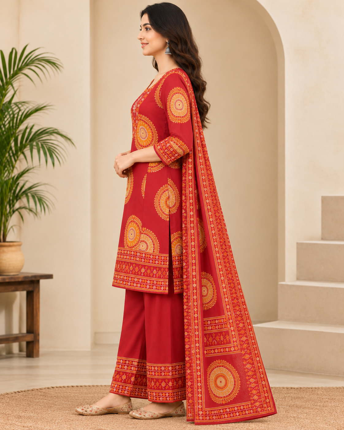 Women's Maroon Ethnic Printed Kurti Palazzo Set with Dupatta | Traditional 3-Piece Kurta Set