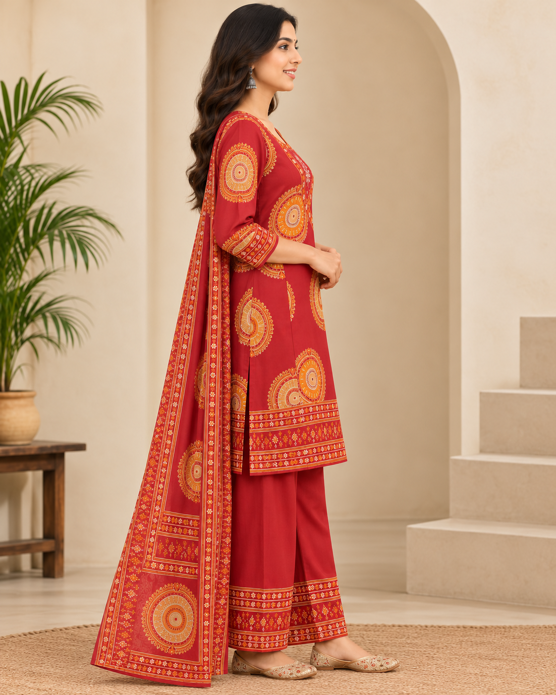 Women's Maroon Ethnic Printed Kurti Palazzo Set with Dupatta | Traditional 3-Piece Kurta Set