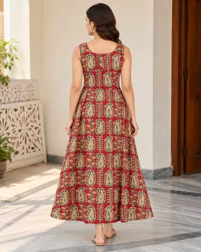 Women’s Handblock Kalamkari Print 100% Pure Cotton Maxi Dress with Pockets | Sleeveless Flared Dress