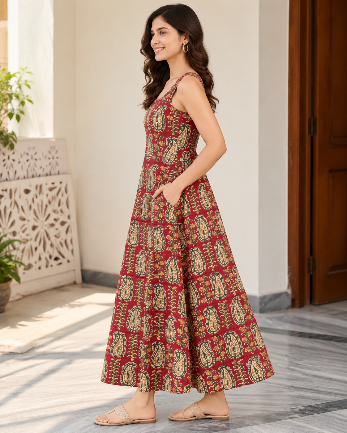 Women’s Handblock Kalamkari Print 100% Pure Cotton Maxi Dress with Pockets | Sleeveless Flared Dress