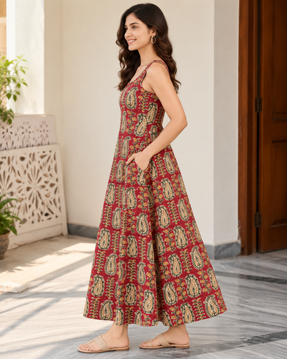 Women’s Handblock Kalamkari Print 100% Pure Cotton Maxi Dress with Pockets | Sleeveless Flared Dress