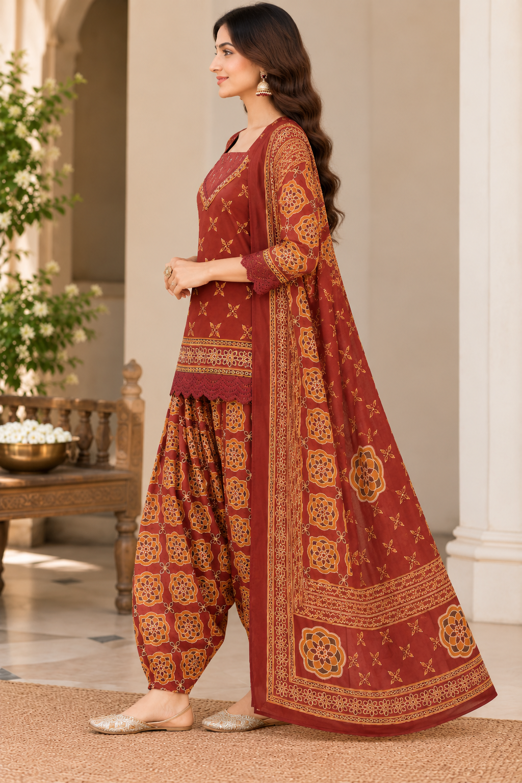 Women's Maroon Ethnic Printed Short Kurti with Farshi Salwar & Dupatta 3-Piece Set