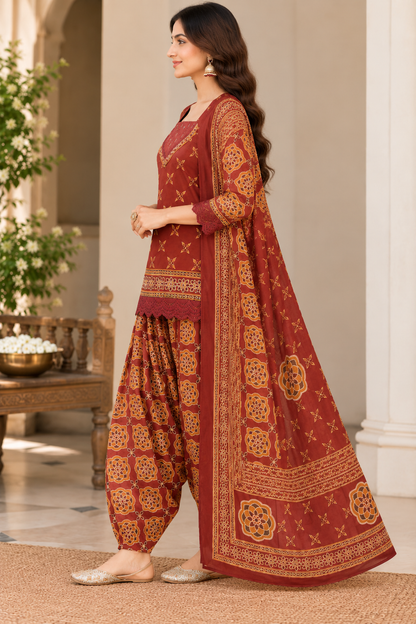 Women's Maroon Ethnic Printed Short Kurti with Farshi Salwar & Dupatta 3-Piece Set