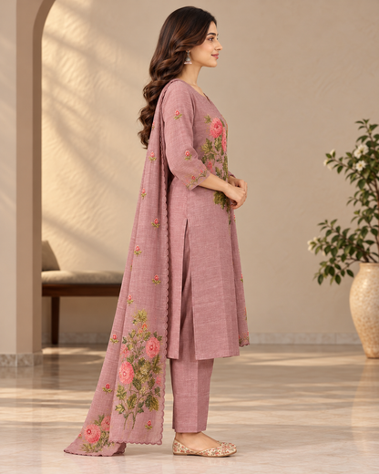Women's Dusty Rose Chanderi Kurti Pant Set with Kantha Hand Embroidery & Dupatta