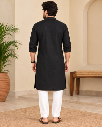 Men's Black Handwoven Cotton Long Kurta | Solid Mandarin Collar Full Sleeve Ethnic Wear