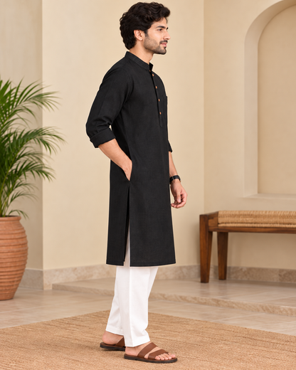 Men's Black Handwoven Cotton Long Kurta | Solid Mandarin Collar Full Sleeve Ethnic Wear