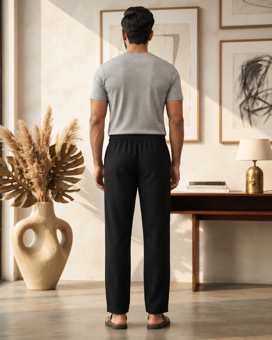 Men’s Cotton Linen Blend Black Pants | Relaxed Fit Drawstring Casual Trousers with Pockets