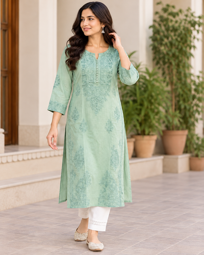 Women's Cotton Chikankari Embroidered Long Straight Kurti with 3/4 Sleeves – Sage Green