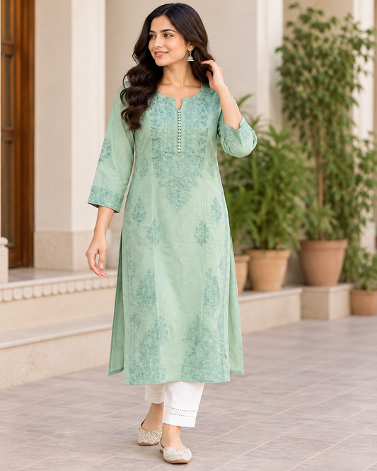 Women's Cotton Chikankari Embroidered Long Straight Kurti with 3/4 Sleeves – Sage Green