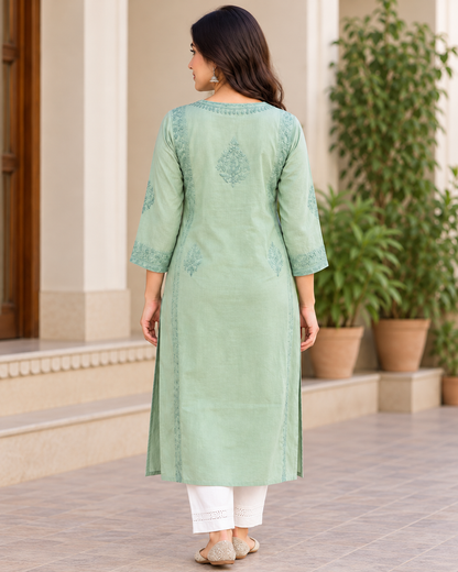 Women's Cotton Chikankari Embroidered Long Straight Kurti with 3/4 Sleeves – Sage Green