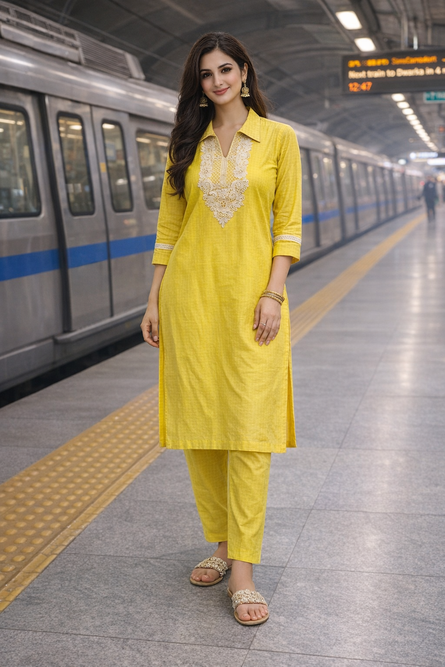 Women’s Yellow Cotton Kurti Pant Set with Embroidered Neck | Comfortable Summer Ethnic Wear | Natural Fab