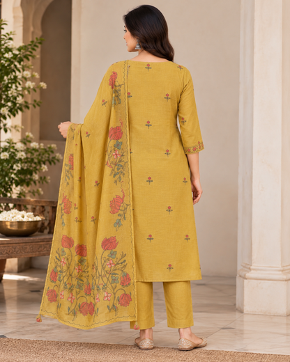 Women's Mustard Yellow Chanderi Kurti Pant Dupatta Set with Hand Kantha Work & Floral Embroidery