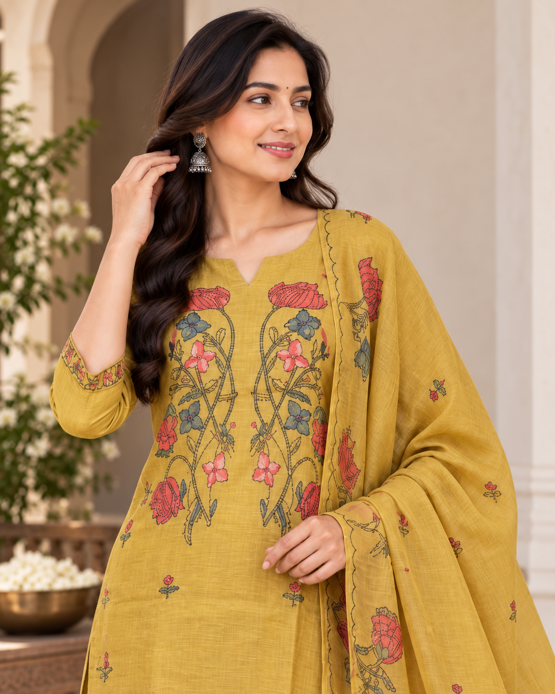 Women's Mustard Yellow Chanderi Kurti Pant Dupatta Set with Hand Kantha Work & Floral Embroidery