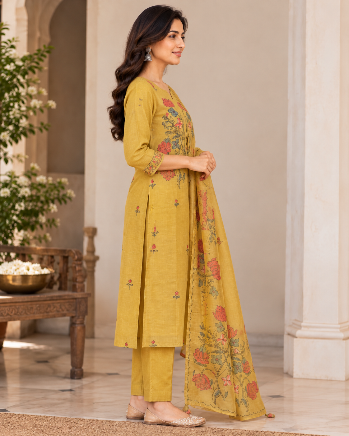 Women's Mustard Yellow Chanderi Kurti Pant Dupatta Set with Hand Kantha Work & Floral Embroidery