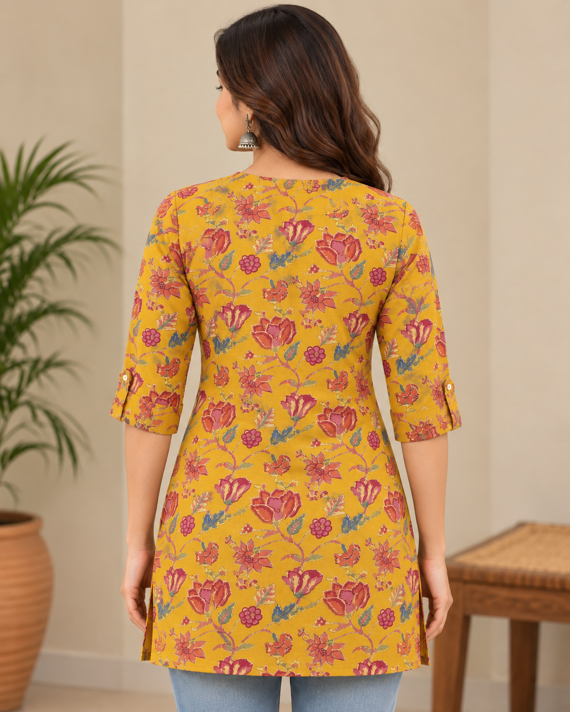 Women's Mustard Yellow Rayon Floral Printed Short Kurti | Button-Down Casual Tunic Top
