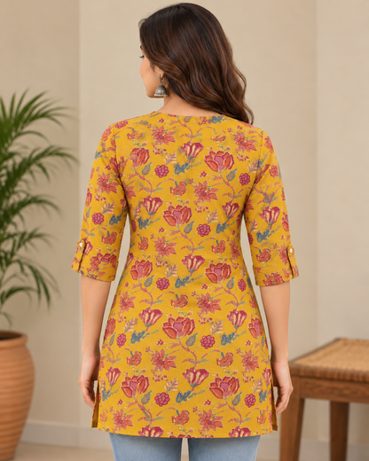 Women's Mustard Yellow Rayon Floral Printed Short Kurti | Button-Down Casual Tunic Top