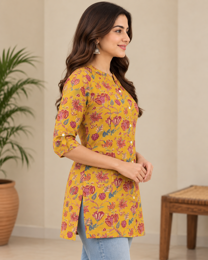 Women's Mustard Yellow Rayon Floral Printed Short Kurti | Button-Down Casual Tunic Top