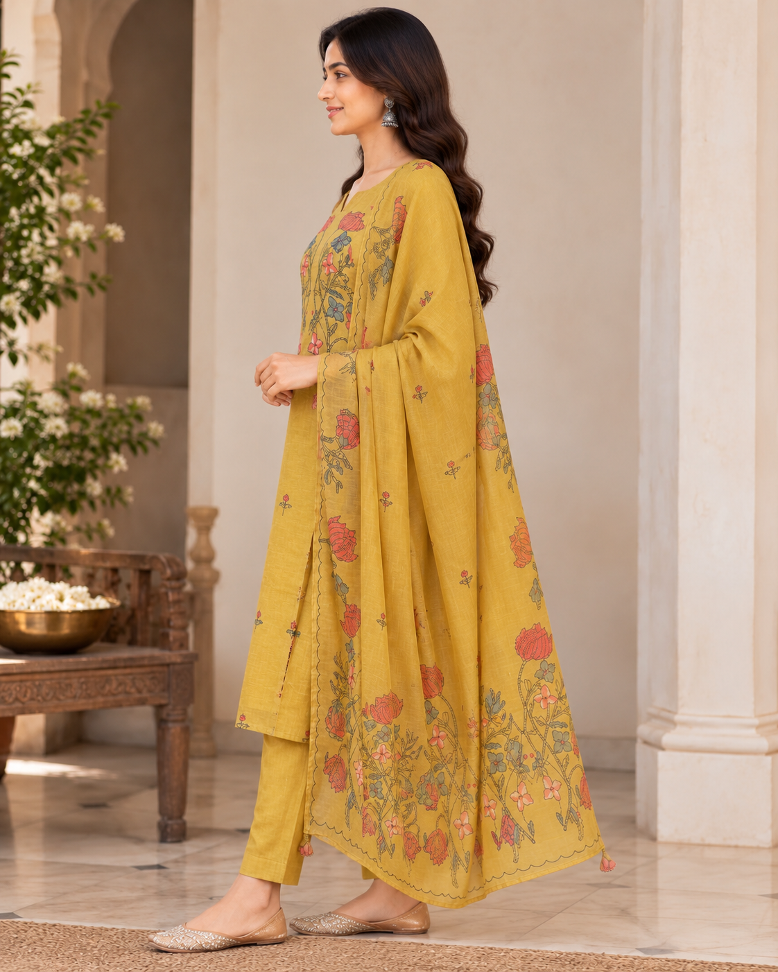 Women's Mustard Yellow Chanderi Kurti Pant Dupatta Set with Hand Kantha Work & Floral Embroidery