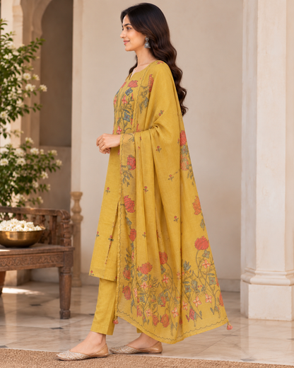 Women's Mustard Yellow Chanderi Kurti Pant Dupatta Set with Hand Kantha Work & Floral Embroidery