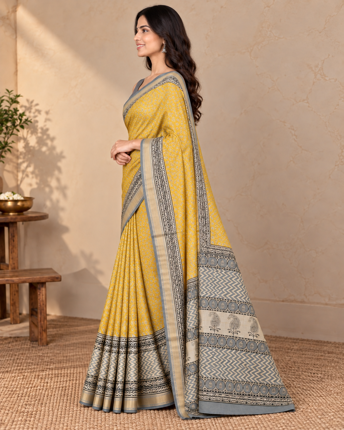 Natural Fab Maheshwari Silk Hand Block Printed Saree with Blouse | 6.30 Metres