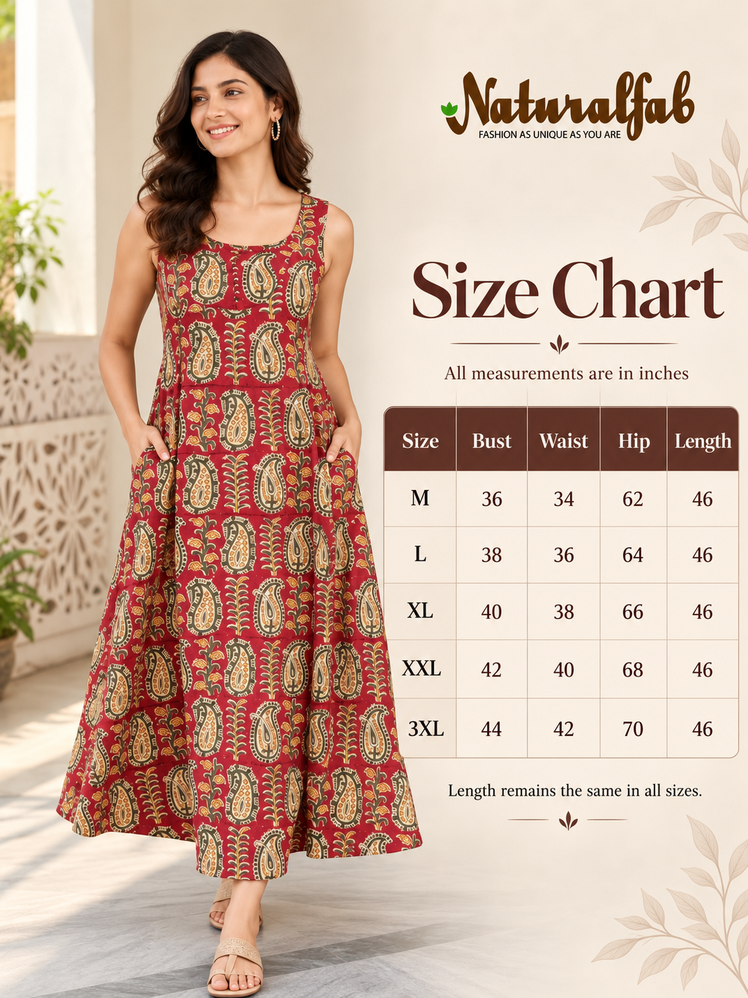 Women’s Handblock Kalamkari Print 100% Pure Cotton Maxi Dress with Pockets | Sleeveless Flared Dress