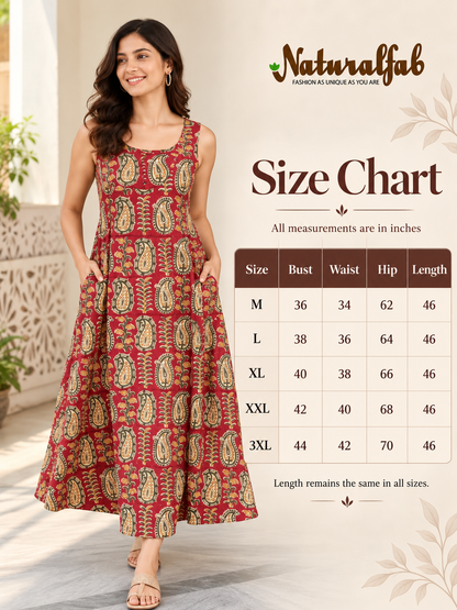 Women’s Handblock Kalamkari Print 100% Pure Cotton Maxi Dress with Pockets | Sleeveless Flared Dress