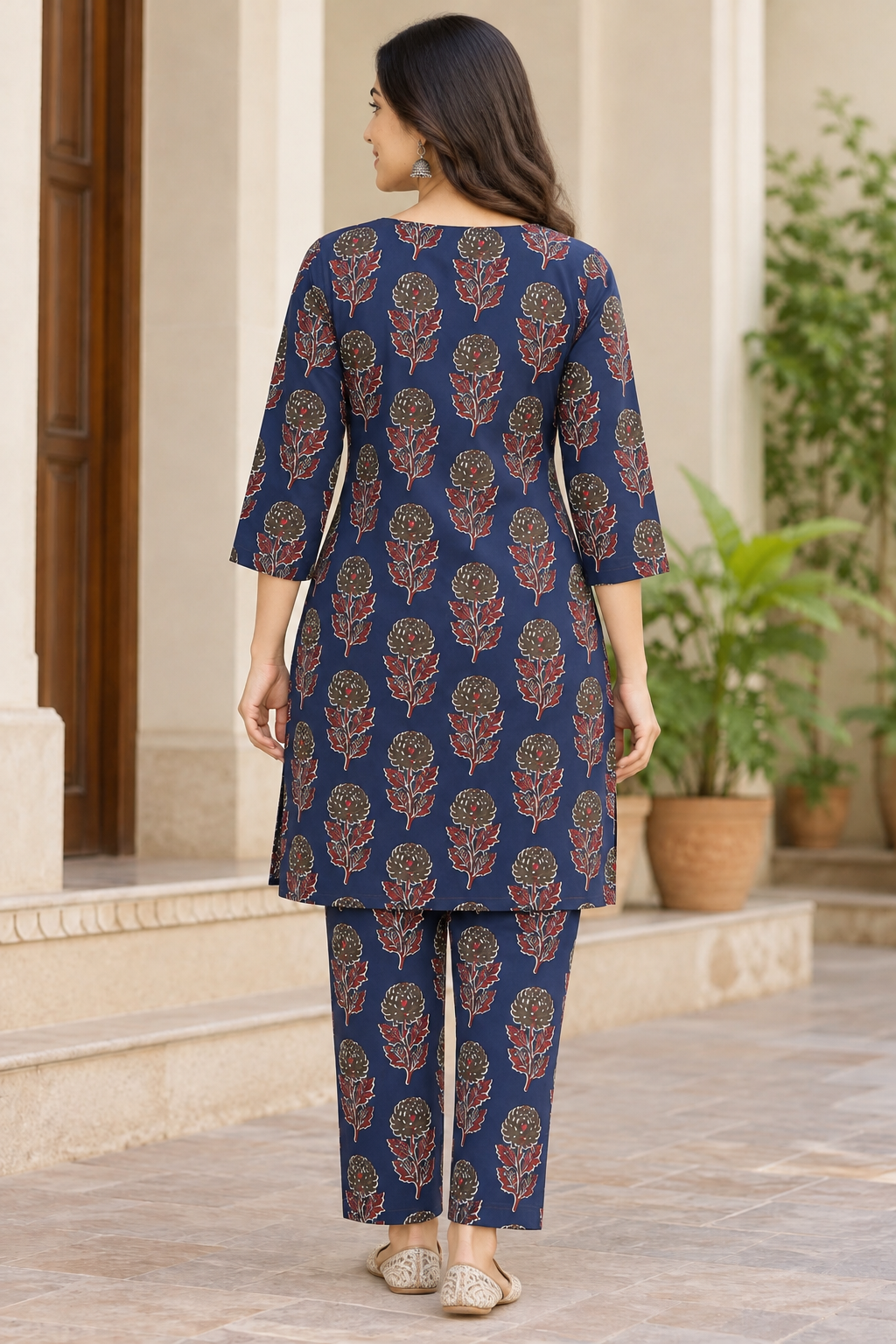 Natural Fab Women's Navy Blue Floral Printed Co-Ord Set with Straight Kurti, Matching Pants & Pockets