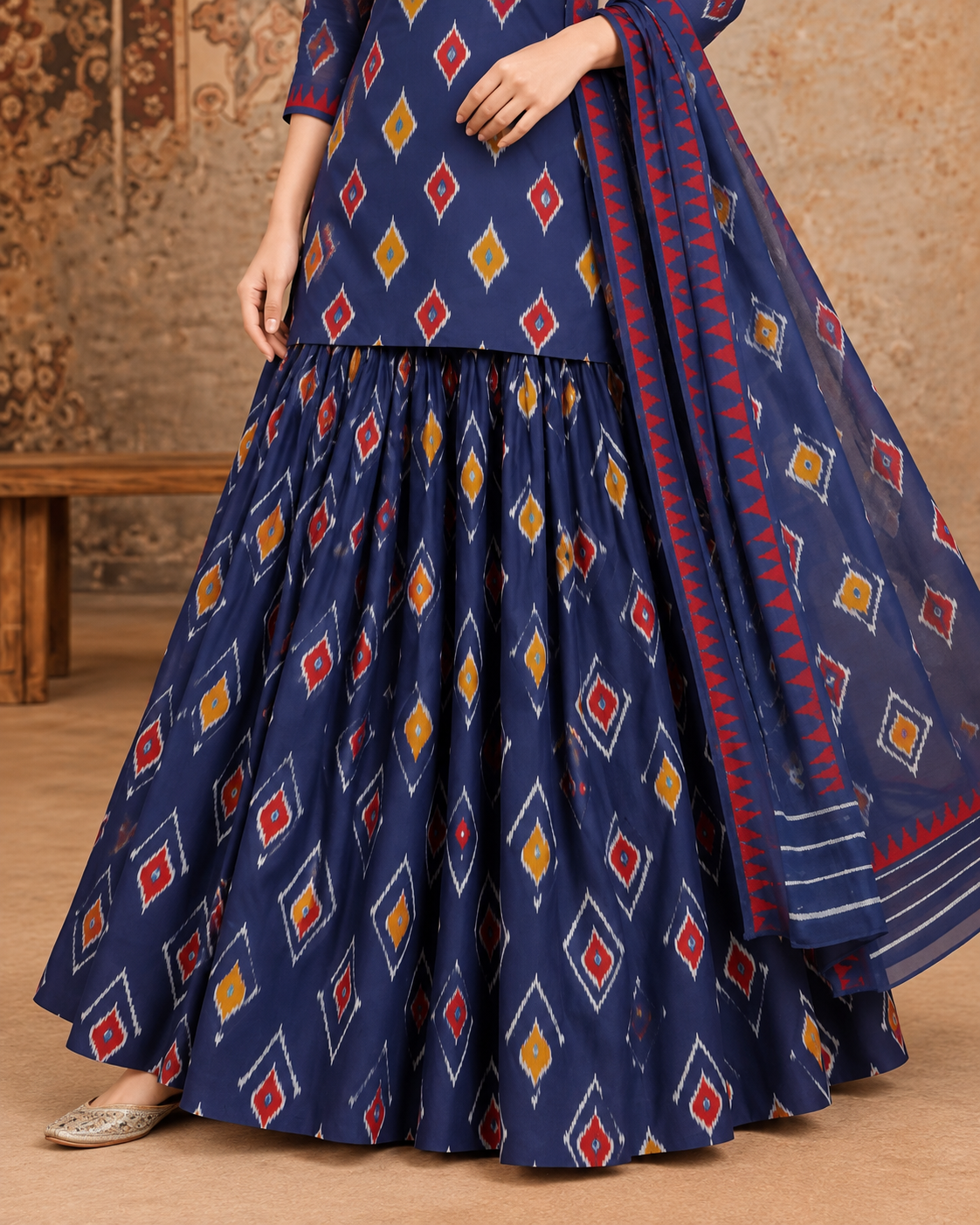 Women’s Navy Blue Cotton Printed Lehenga Set with Kurti & Dupatta | Festive Ethnic Wear