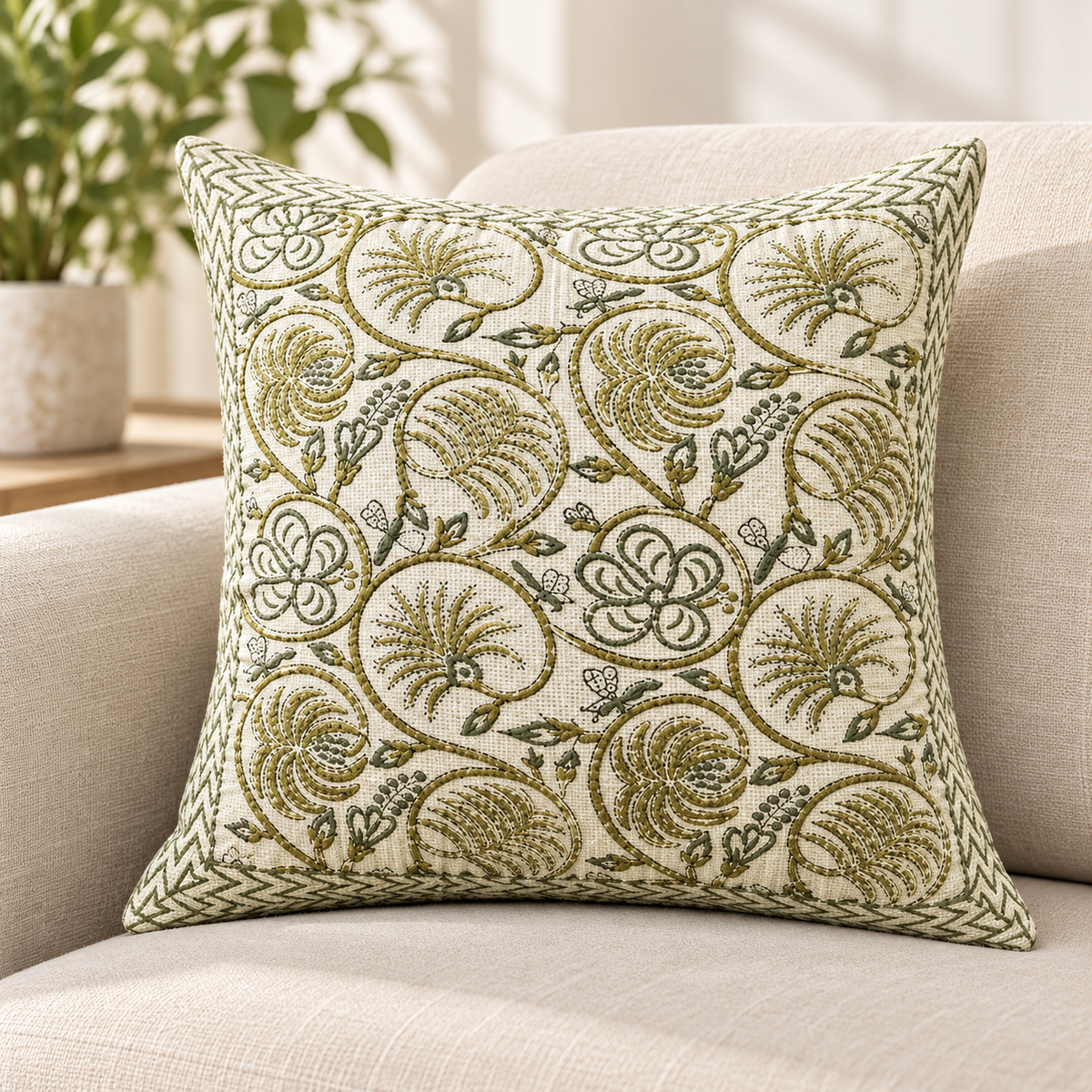 Hand Block Printed Jute Cushion Cover – Natural Beige with Olive Green Floral Vine Print & Geometric Border | 16 x 16 Inches