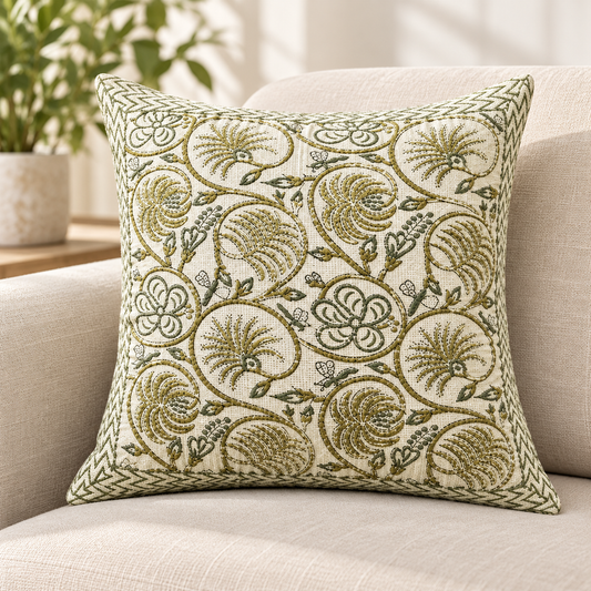 Hand Block Printed Jute Cushion Cover – Natural Beige with Olive Green Floral Vine Print & Geometric Border | 16 x 16 Inches