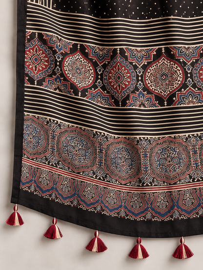 Women's Black Ajrakh Inspired Printed Modal Silk Stole with Polka Dots, Striped Border & Tassels