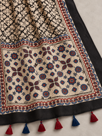 Women's Cream & Black Ajrakh Inspired Printed Modal Silk Stole with Floral Motifs, Ethnic Border & Tassels