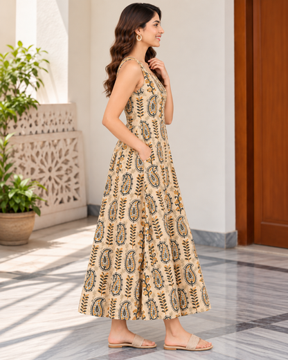 Women’s Handblock Kalamkari Print 100% Pure Cotton Maxi Dress with Pockets | Sleeveless Flared Dress