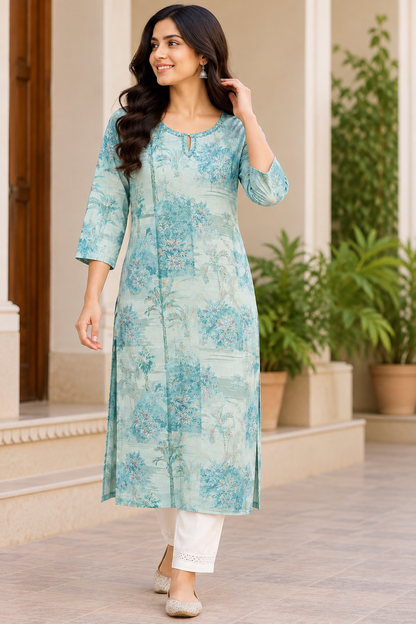 Women's Aqua Mint Green Floral Printed Straight Maslin Long Kurti with 3/4 Sleeves & Keyhole Neck