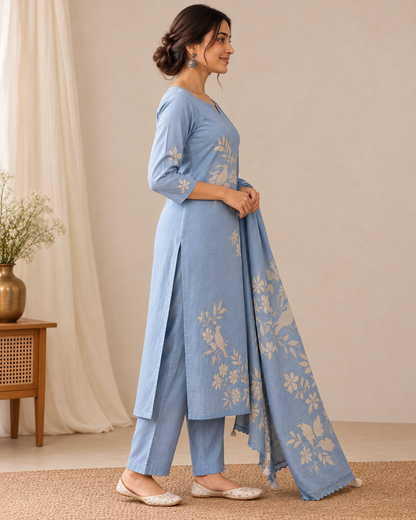 Women’s Powder Blue Mal Kurti Pant Set with Floral Bird Print Dupatta | 3-Piece Ethnic Set
