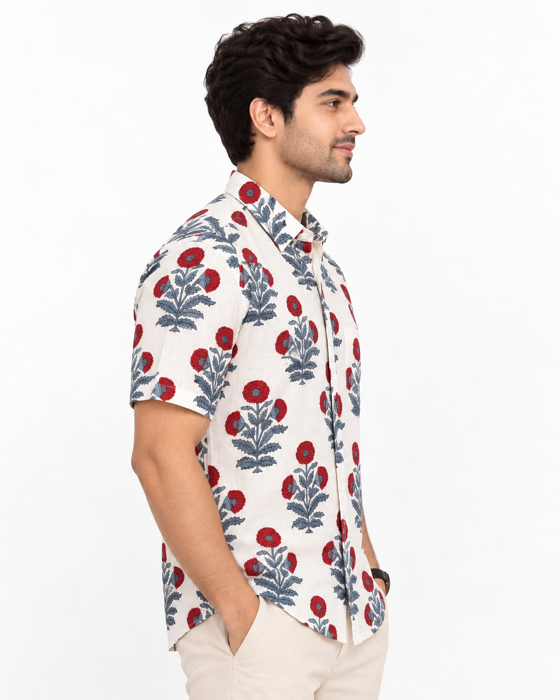Men’s 100% Pure Cotton Hand Block Printed Half Sleeve Shirt | Floral Casual Shirt with Pocket